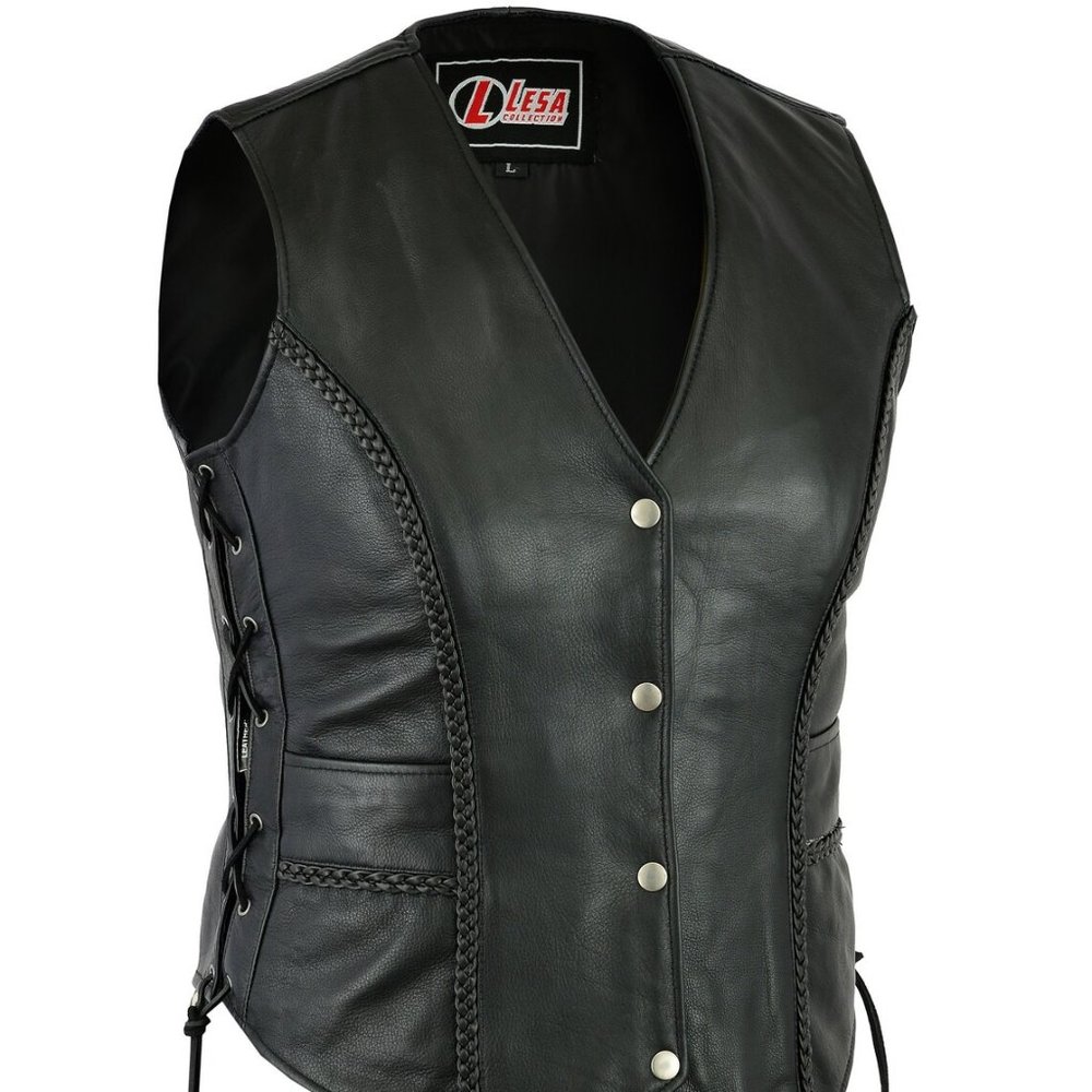 Lesa Collection Ladies   Leather Waistcoat Side Laces Motorcycle Style Biker